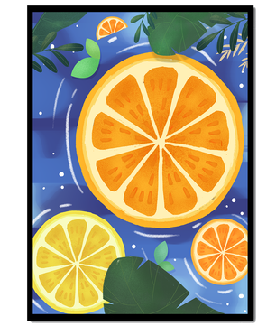 Rodajas de cítricos coloridas sobre fondo azul con hojas tropicales