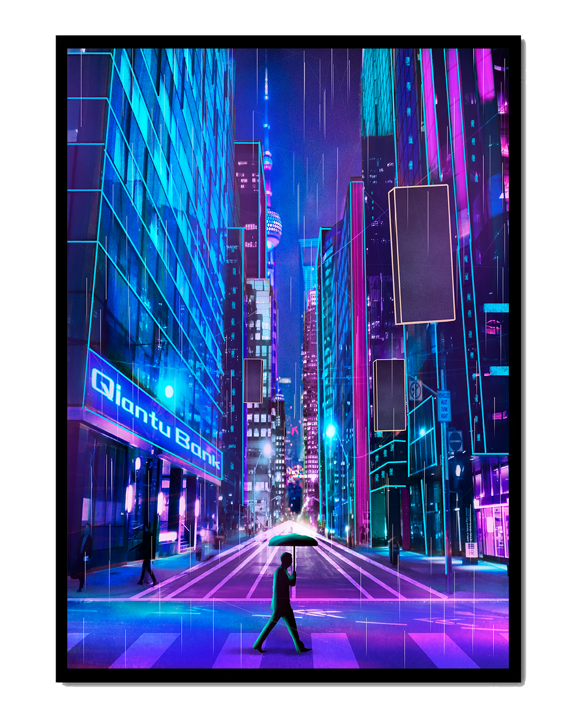 Futuristic urban street scene with neon lights and rainy atmosphere