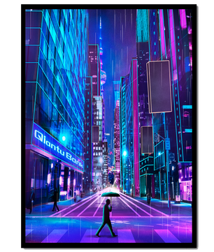 Scène de rue urbaine futuriste avec des néons et une ambiance pluvieuse