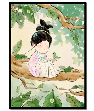 Serene illustration of a girl with a bird in a tree