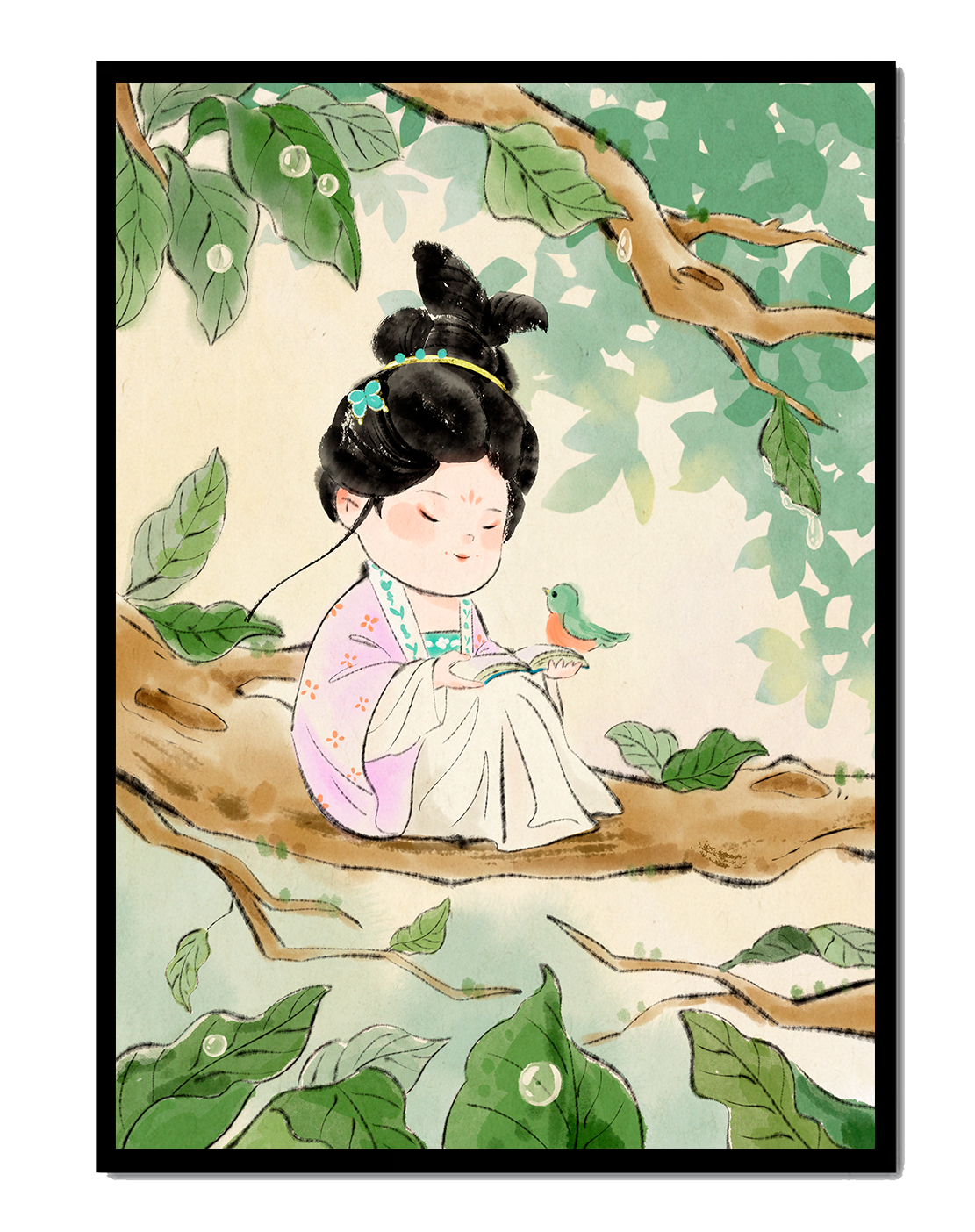Serene illustration of a girl with a bird in a tree
