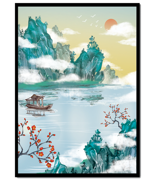 Serene lake scene with traditional boat and mountains under morning sun