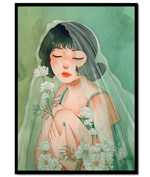Ilustración emocional de una mujer rodeada de flores