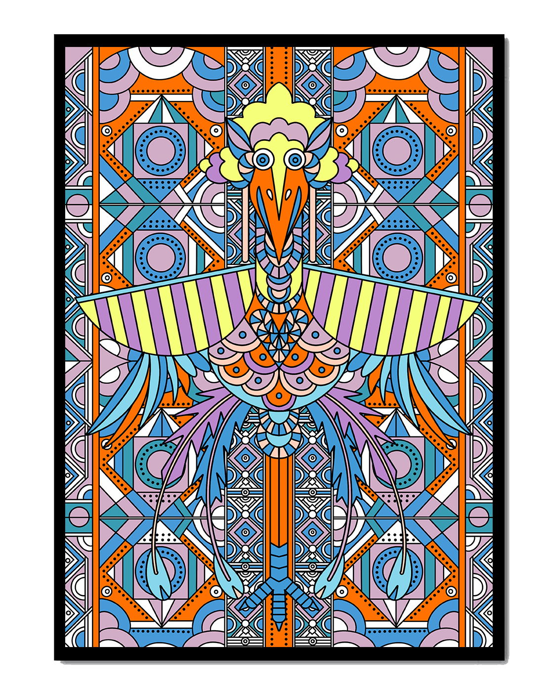 Arte geométrico de aves con patrones coloridos y detalles intrincados