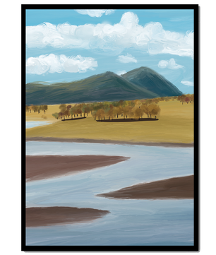 Paisaje sereno con montañas, árboles y río