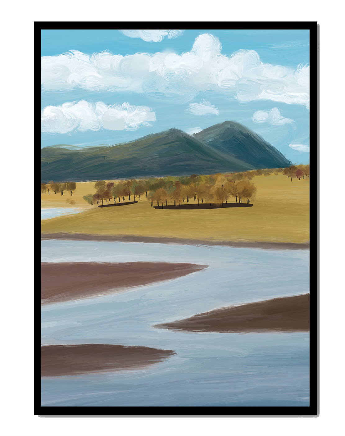 Serene Landscape with Mountains, Trees, and River