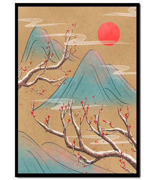 Paisagem tranquila com flor de cerejeira e sol vermelho