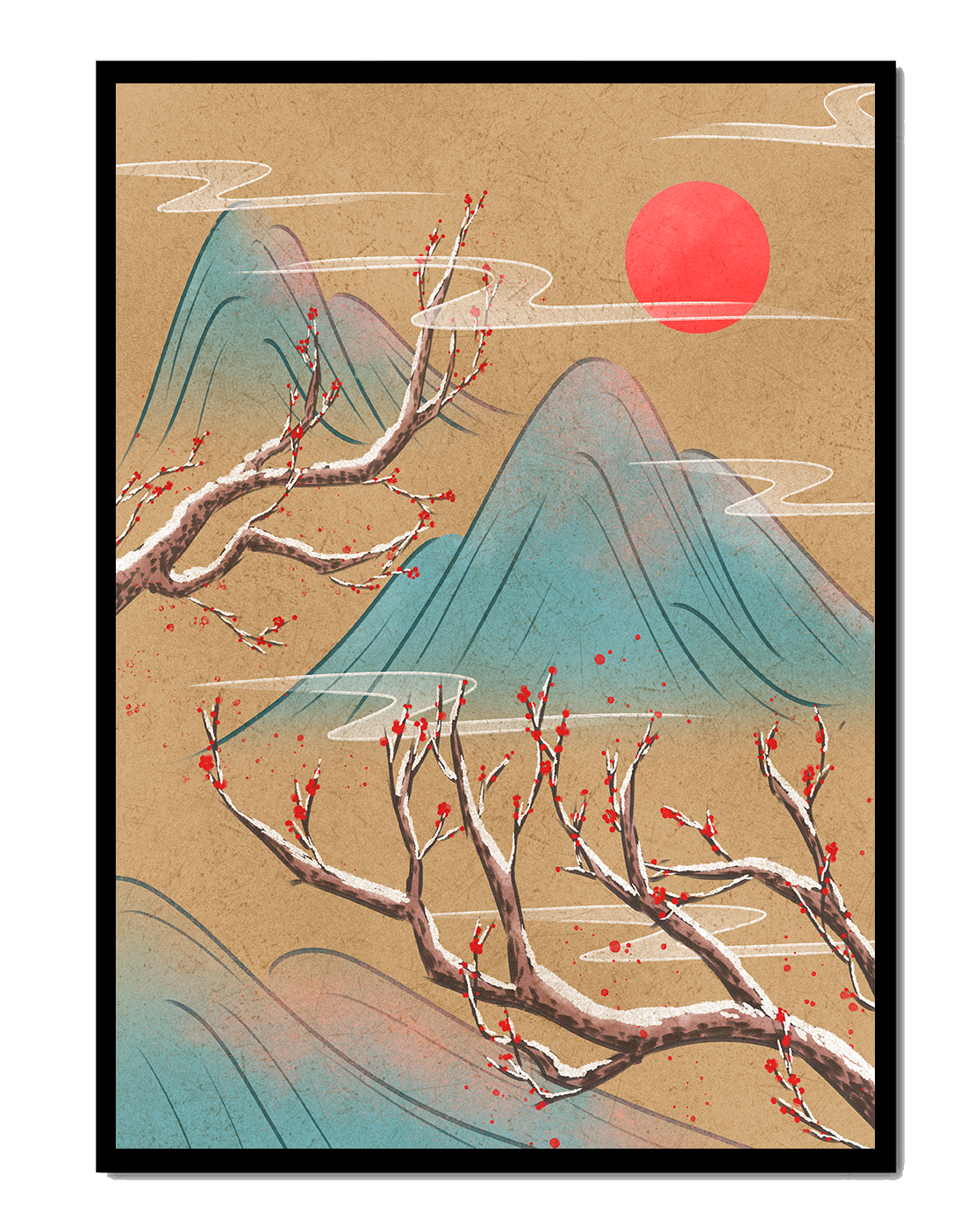 Tranquil landscape with cherry blossom and red sun