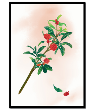 Ilustración detallada de una rama floreciente con flores rojas vivas y hojas verdes exuberantes