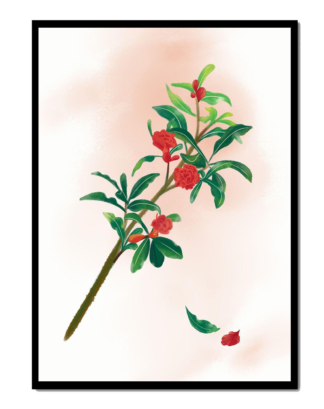 Detailed illustration of a flowering branch with vivid red blooms and lush green leaves