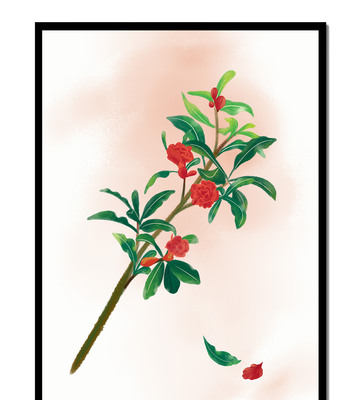 Detailed illustration of a flowering branch with vivid red blooms and lush green leaves