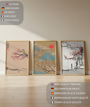 Tríptico Estilo Japonés con Pájaro, Paisaje de Montañas y Árbol en Flor