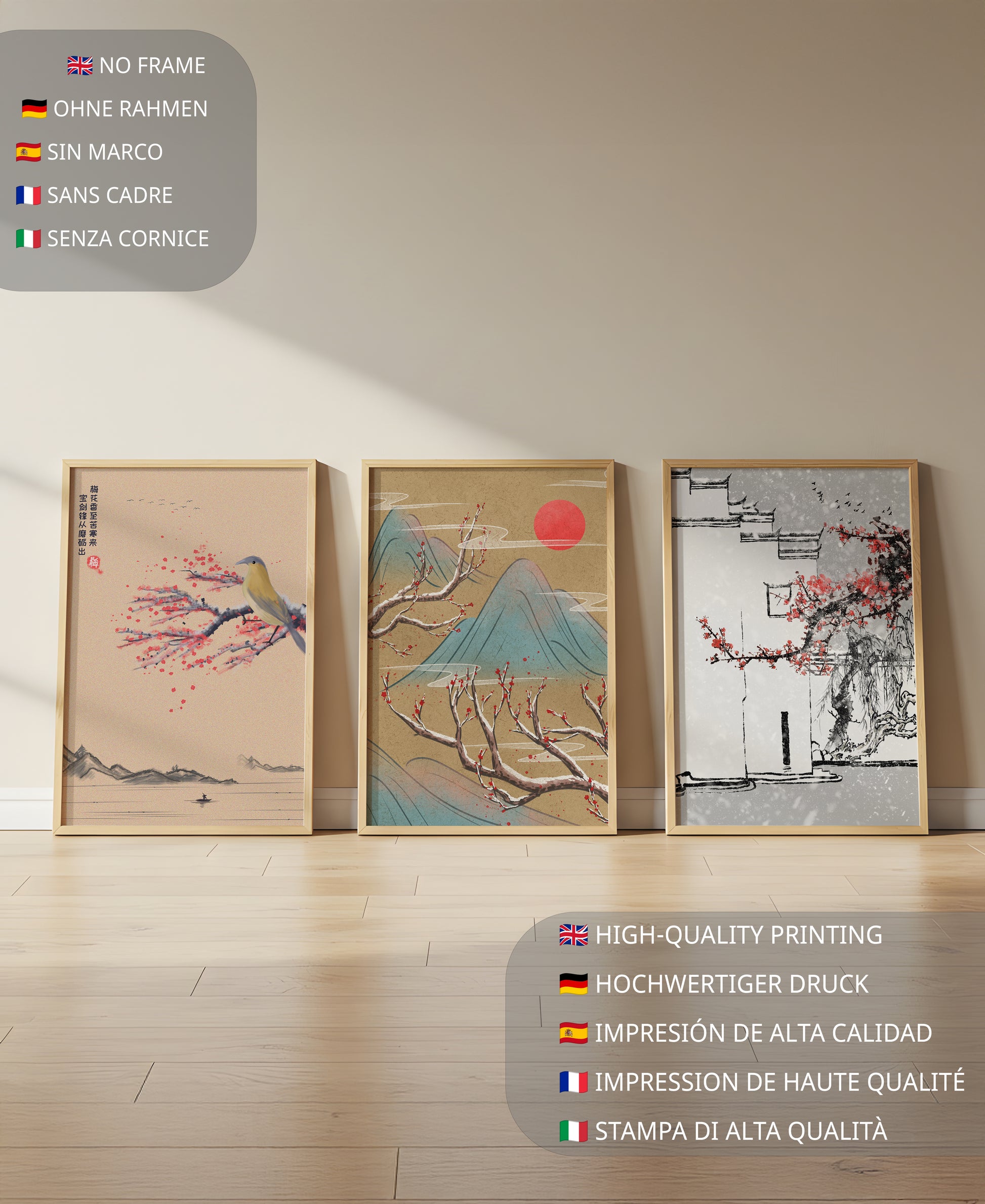 Tríptico Estilo Japonés con Pájaro, Paisaje de Montañas y Árbol en Flor