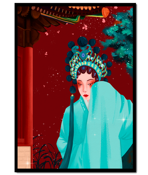 Traditional Asian art with elegant woman in traditional attire