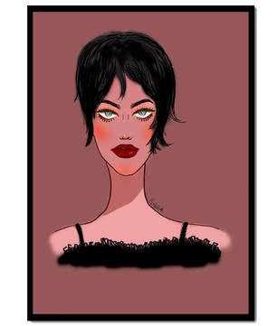 Illustration einer Frau mit kurzen schwarzen Haaren und auffälligem Make-up auf braunem Hintergrund
