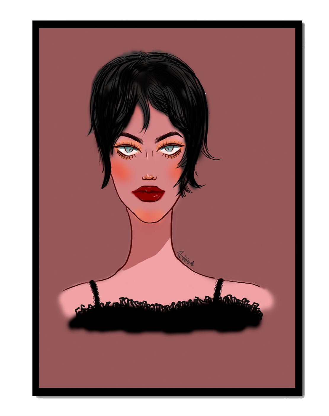 Illustration of a woman with short black hair and striking makeup on a brown background