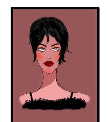 Illustration of a woman with short black hair and striking makeup on a brown background