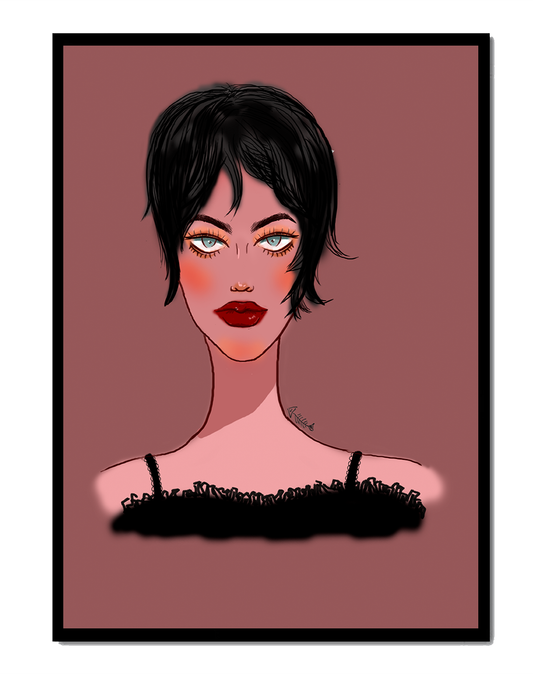 Illustration of a woman with short black hair and striking makeup on a brown background