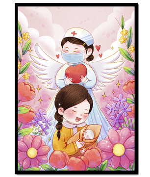 Escena ilustrada de un ángel de la salud con un niño y flores