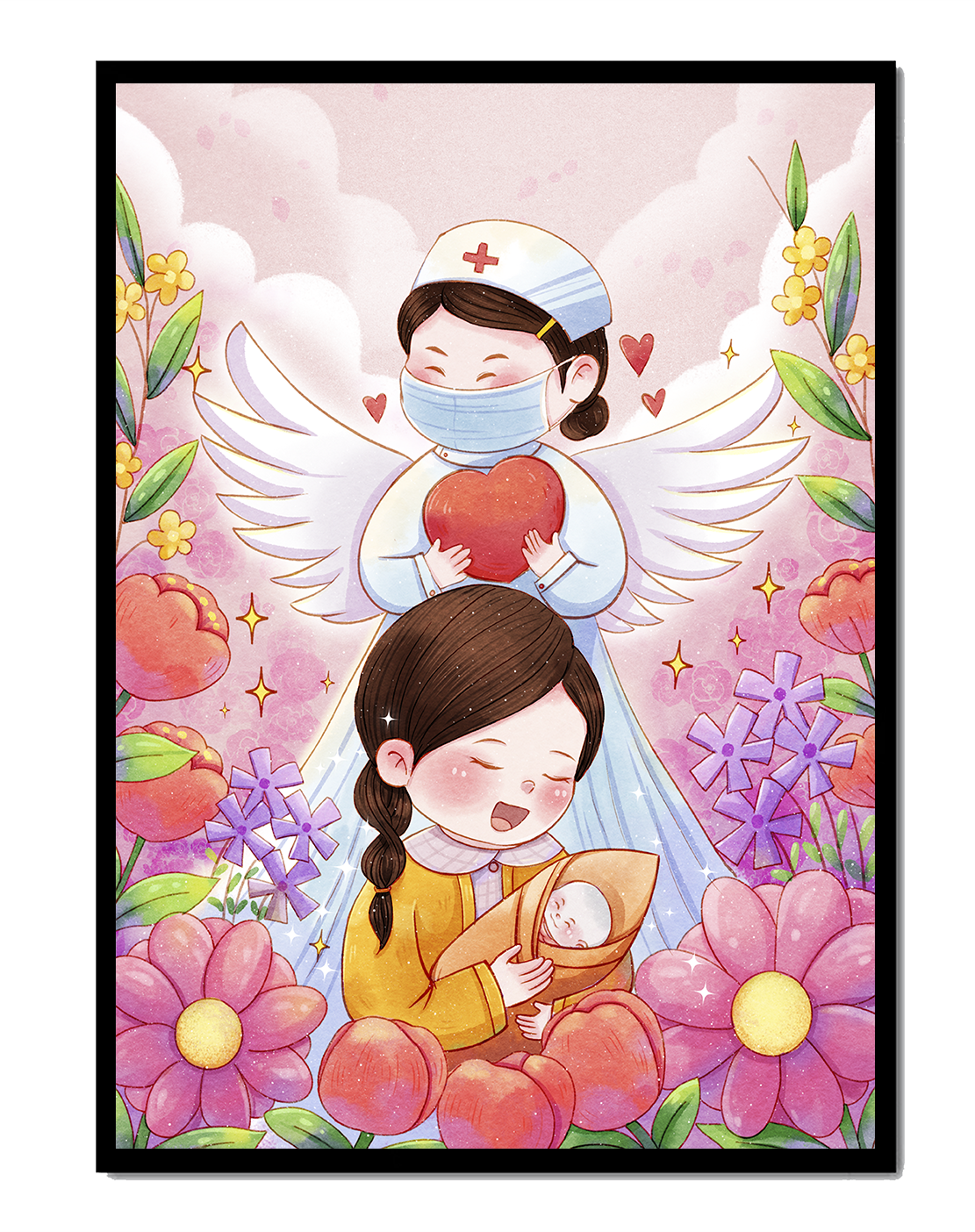 Illustrated scene of healthcare angel with child and flowers