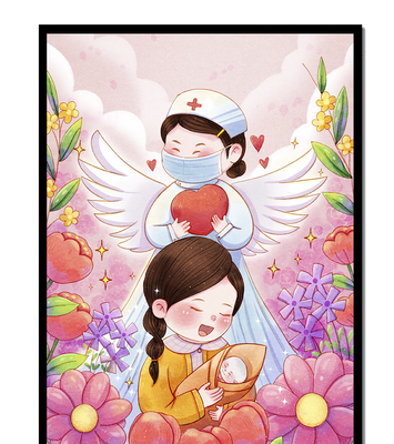 Illustrated scene of healthcare angel with child and flowers