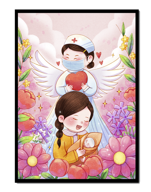 Illustrated scene of healthcare angel with child and flowers