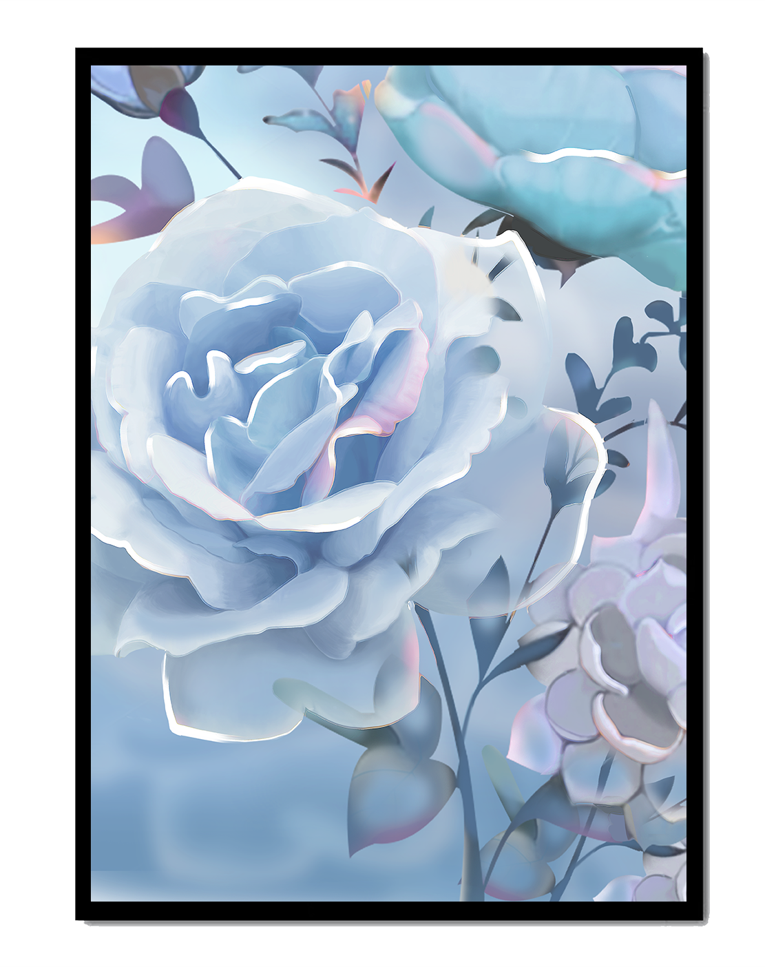 Rosas azules serenas con hojas delicadas sobre fondo suave