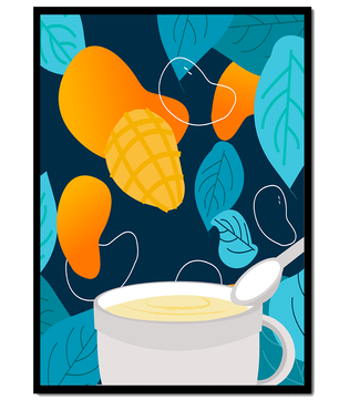 Ilustración colorida de mangos y hojas con una bebida cremosa