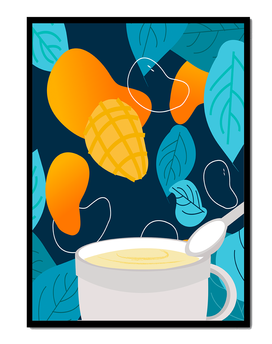 Ilustración colorida de mangos y hojas con una bebida cremosa