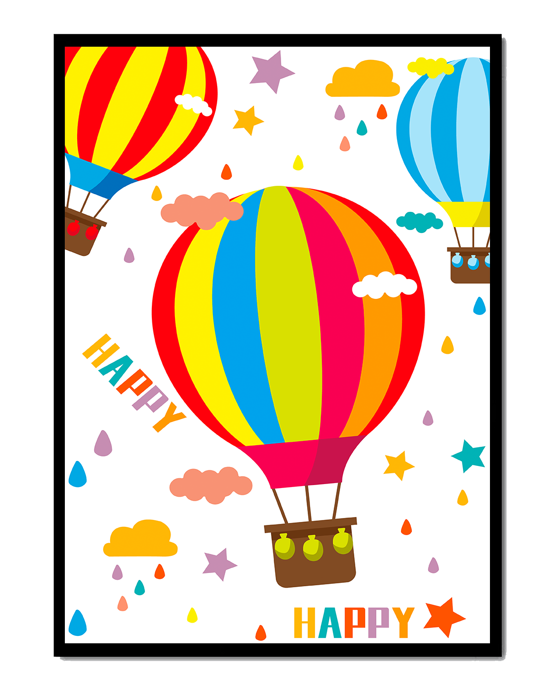 Colorful hot air balloons and happy clouds illustration