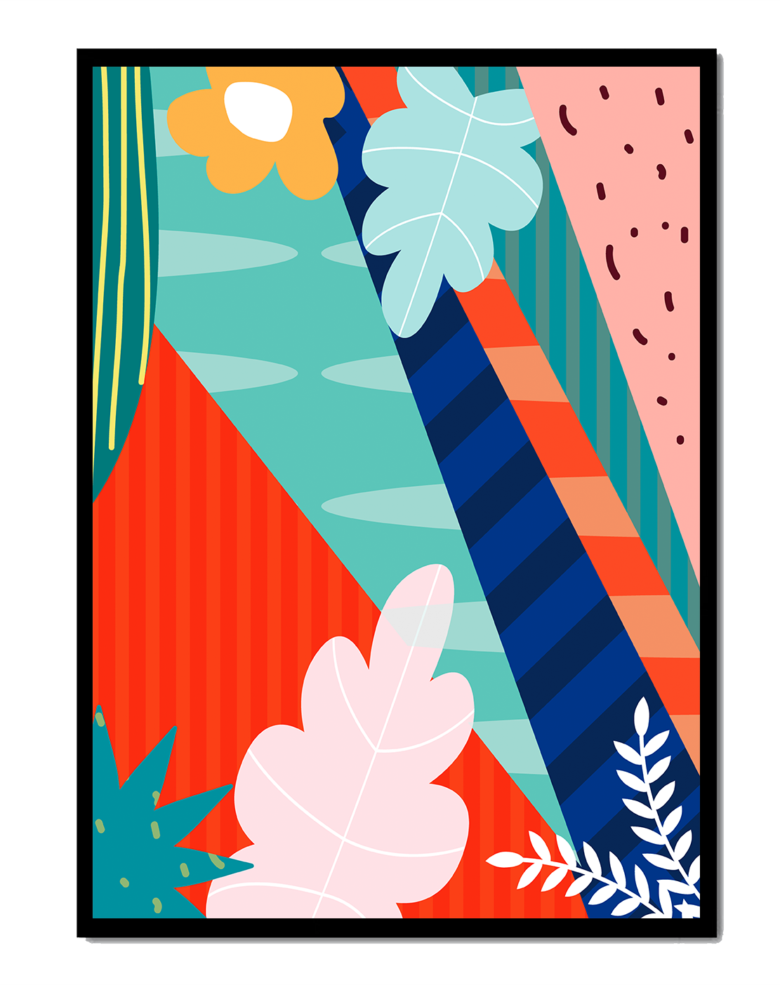 Abstract floral geometric design with vibrant colors and bold patterns
