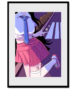 Estilo anime de una escolar posando con el signo de la paz en colores vibrantes