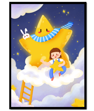 Enfant fantaisiste assis sur un nuage avec une étoile et un lapin dans le ciel nocturne