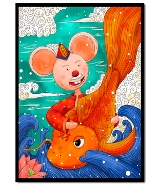 Whimsical illustration of a mouse riding a golden fish in a vibrant fantasy setting