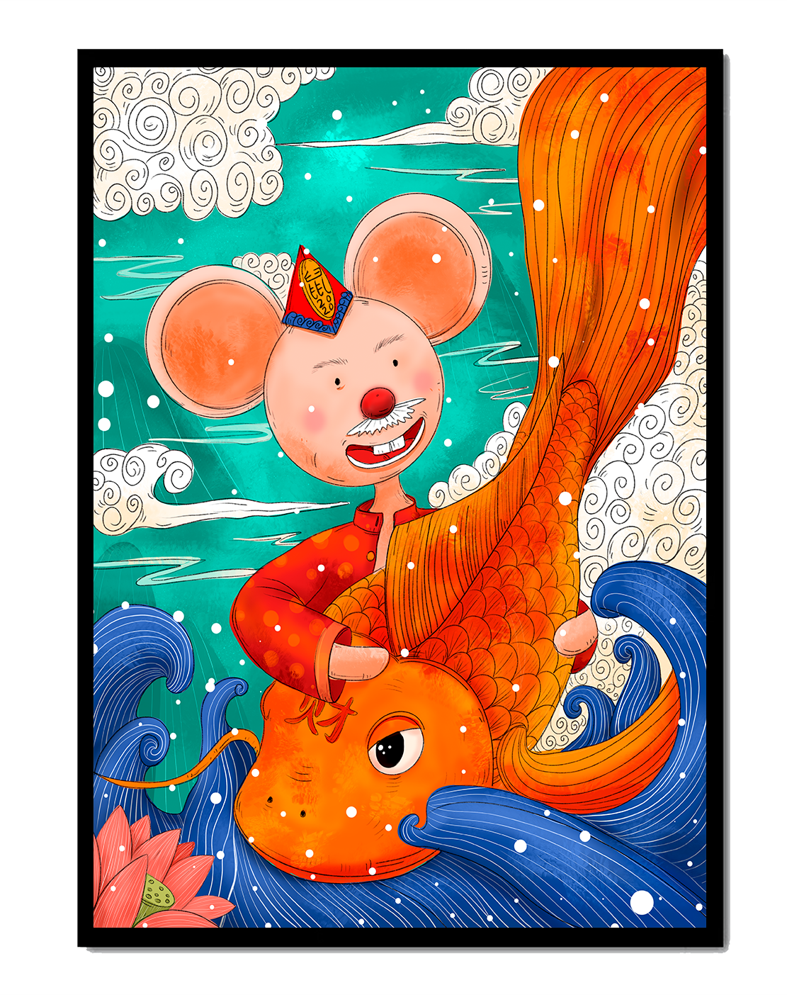 Whimsical illustration of a mouse riding a golden fish in a vibrant fantasy setting