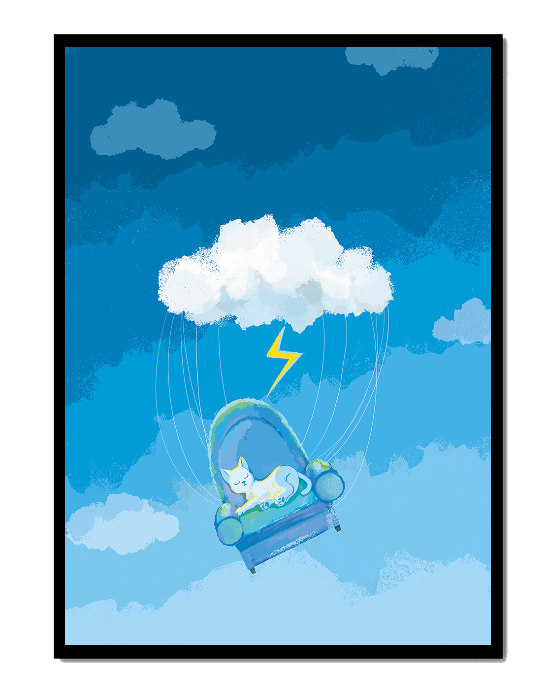 Dreamy Cat on a Floating Armchair in a Surreal Cloudy Sky