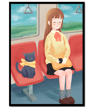 Viaje en tren tranquilo con una chica y su gato ilustrado