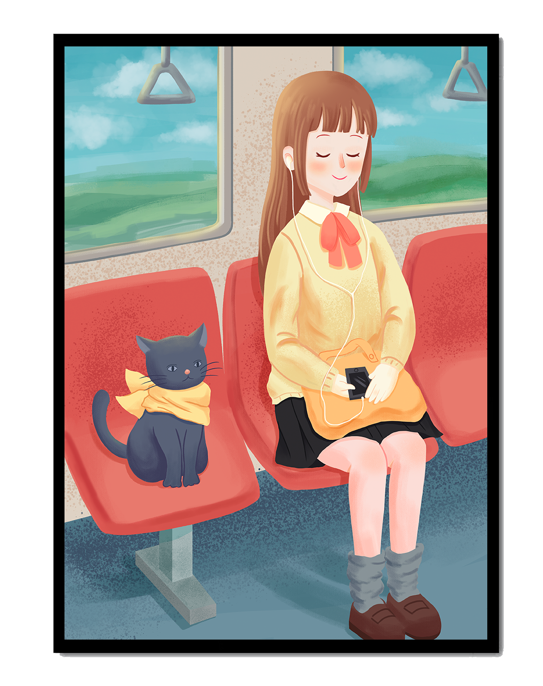 Peaceful train ride with a girl and her cat illustrated