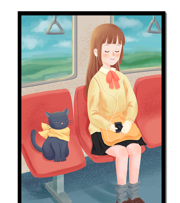 Peaceful train ride with a girl and her cat illustrated