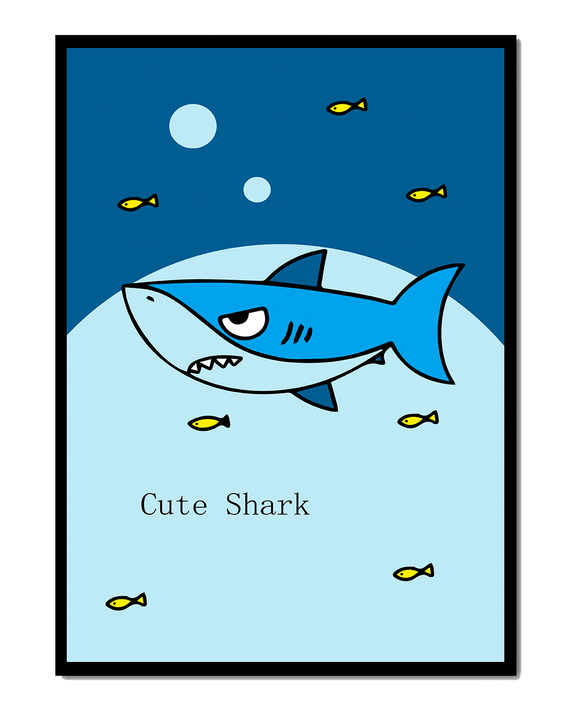 Cartoon shark with small fish in underwater scene