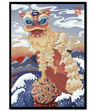 Traditionelle chinesische Löwentanzkunst mit malerischem Hintergrund
