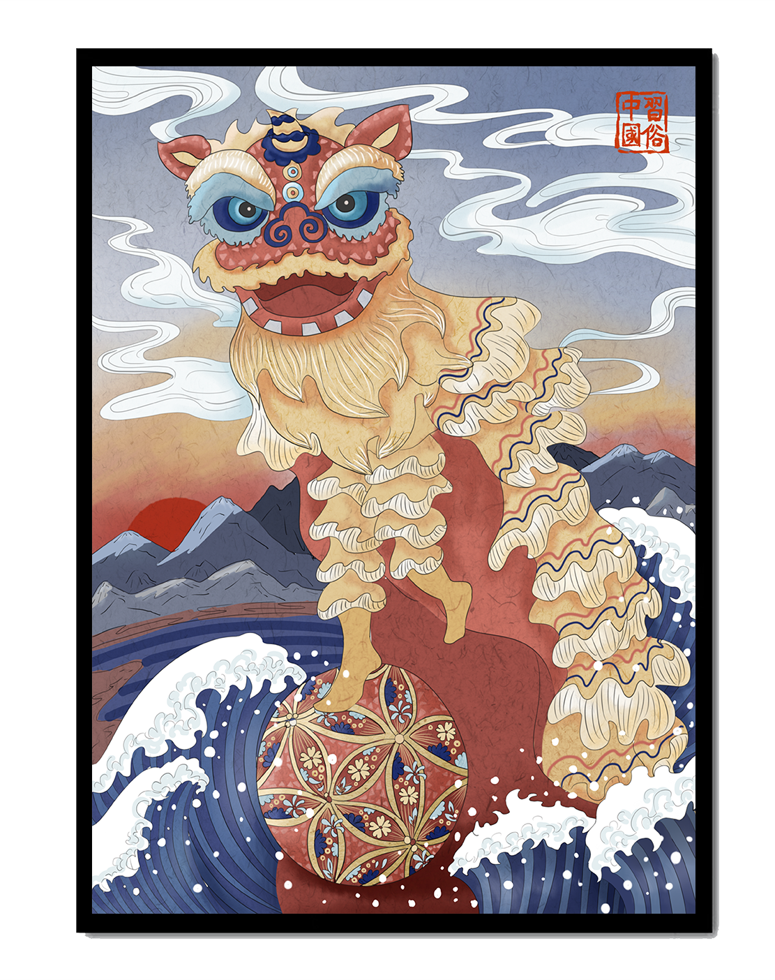 Traditionelle chinesische Löwentanzkunst mit malerischem Hintergrund