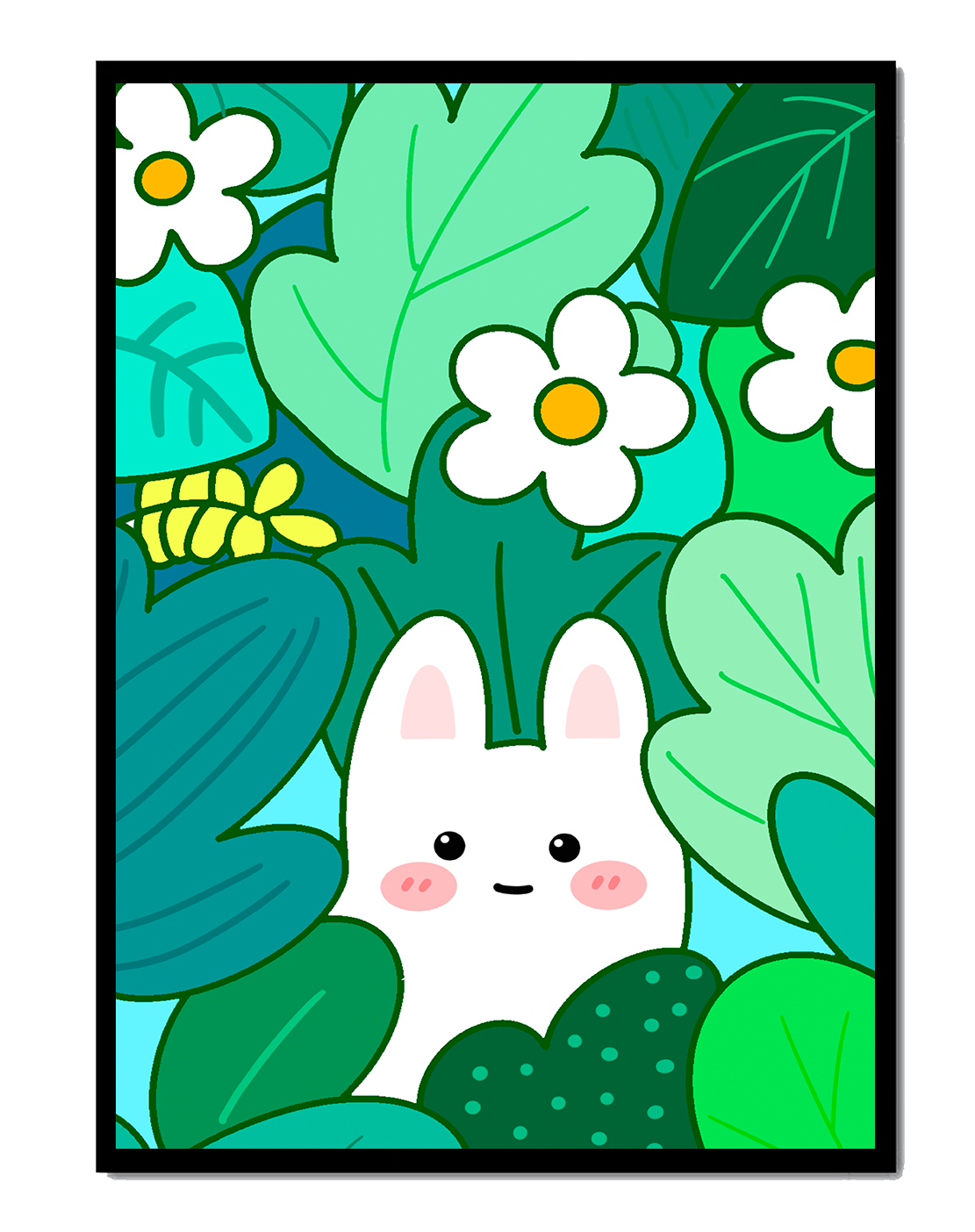 Illustration of a cute rabbit hidden among flowers and greenery