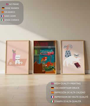 Ensemble de tableaux modernes avec des chats et un aquarium