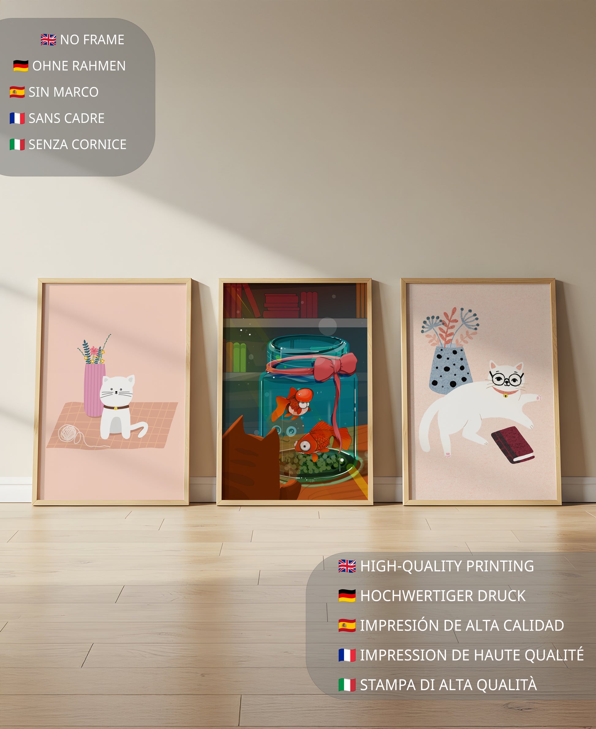 Ensemble de tableaux modernes avec des chats et un aquarium