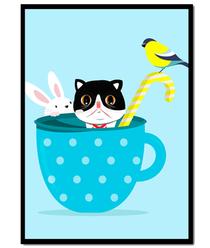 Playful illustration of cat, rabbit, and bird in a teacup