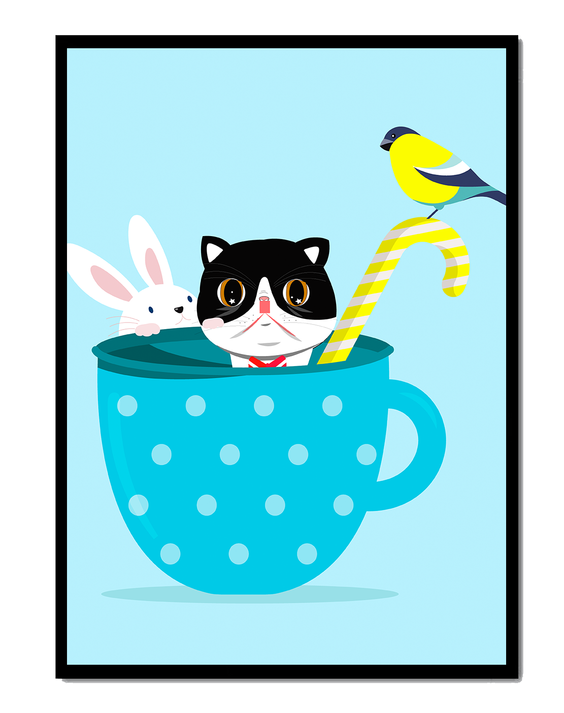 Ilustración lúdica de un gato, un conejo y un pájaro en una taza de té.