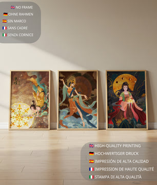 Impressions d'art asiatique avec figures féminines et éléments dorés