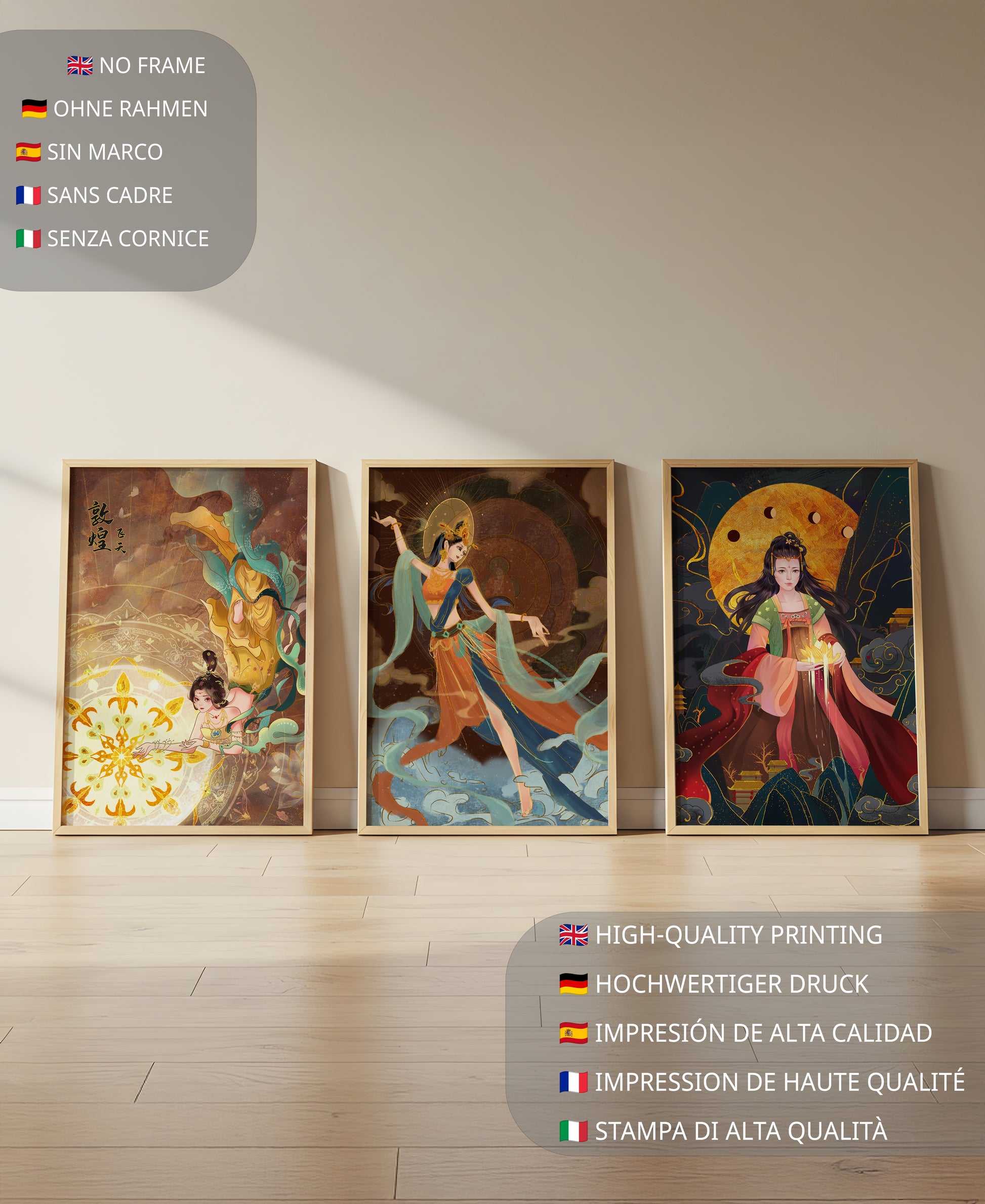 Impresiones de arte asiático con figuras femeninas y elementos dorados