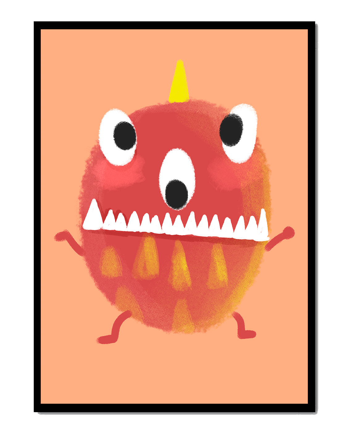 Monstruo colorido con rasgos geométricos y expresión lúdica.